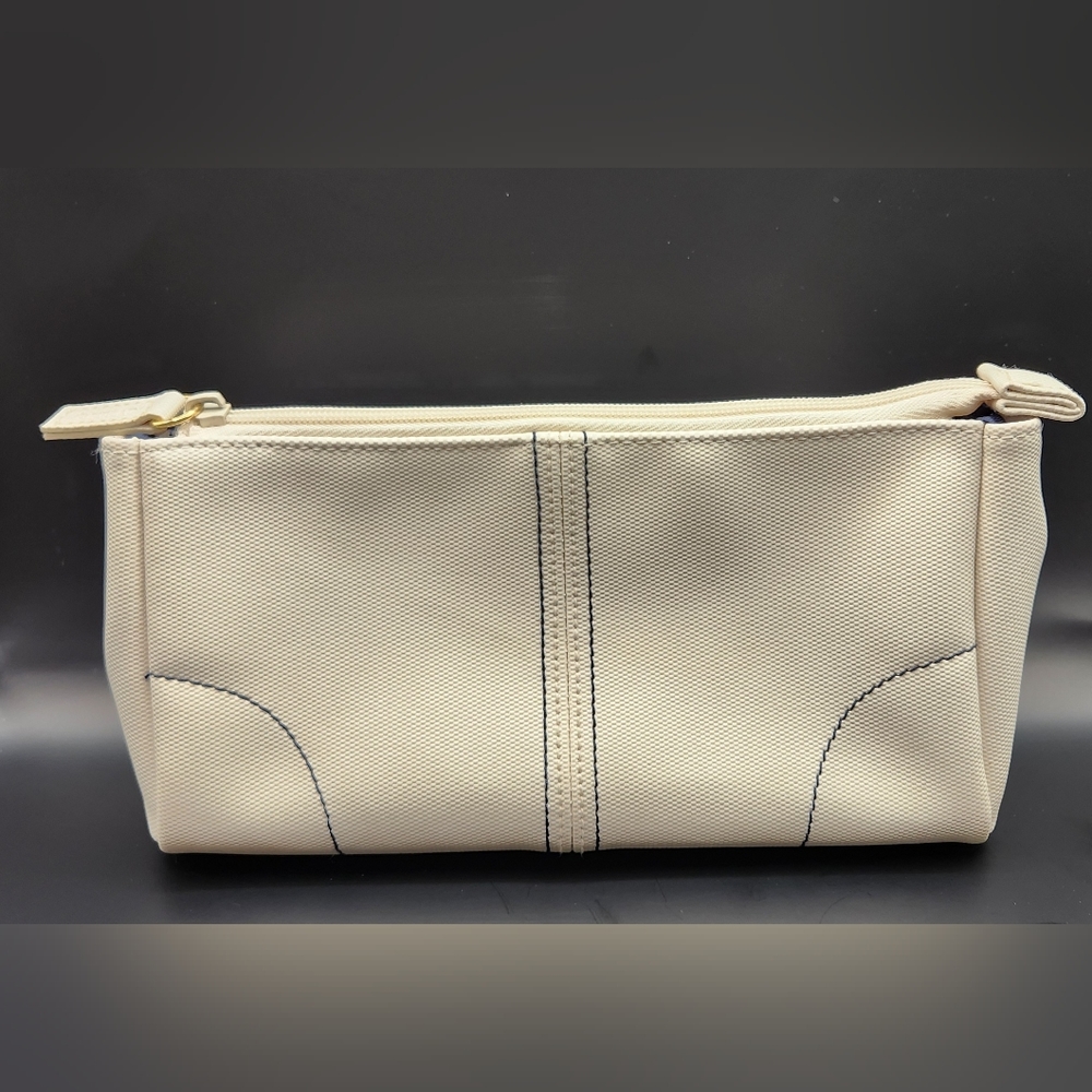 Guerlain Paris Cosmetic Make-up Bag Travel Pouch White Vinal w/Blue Accents